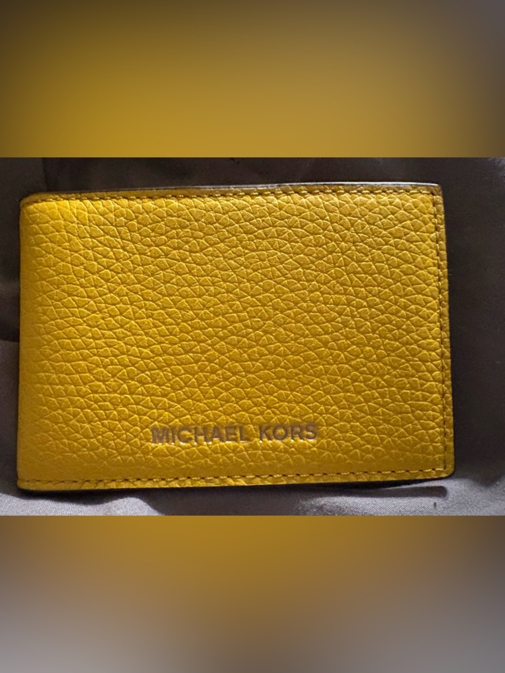 Michael Kors Pebbled Leather Compact ID  Wallet in Vibrant Yellow with Gold Logo